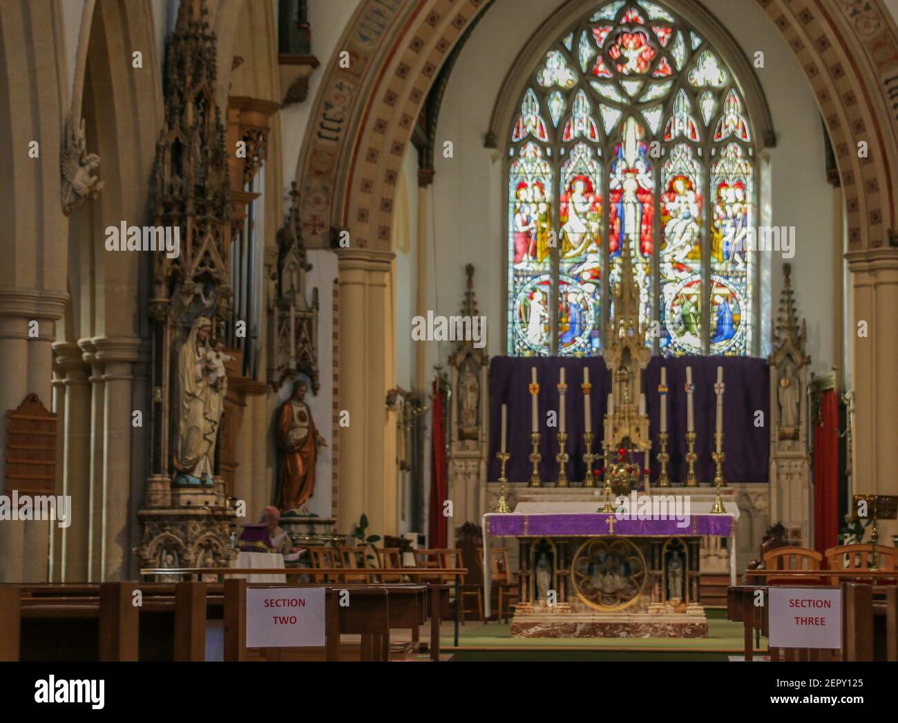 28th February, Cheltenham, England. A general view (GV) of signage at St GregoryÕs Catholic Church in Cheltenham during the third national lockdown owing to the Coronavirus Pandemic. Stock Photo