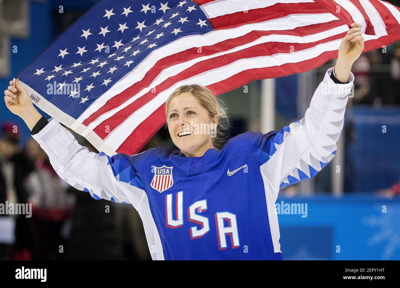 USA player Gigi Marvin celebrates after defeating Canada in the gold-medal game at Gangneung Hockey Centre on Thursday, Feb. 22, 2018, in Pyeongchang, South Korea, during the Pyeongchang Winter Olympics. (Photo by Carlos Gonzalez/Minneapolis Star Tribune/TNS/Sipa USA) Stock Photo
