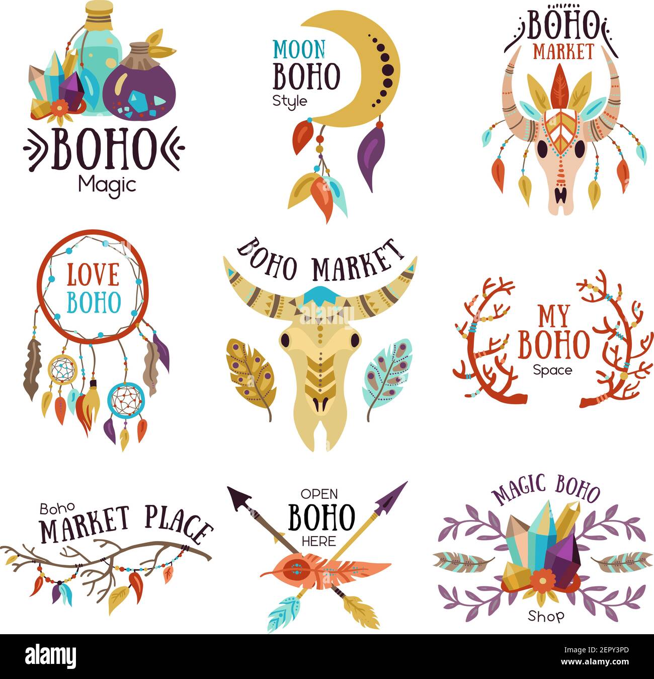 Boho magic symbols emblems collection for market place with moon dream catcher buffalo head isolated vector illustration Stock Vector