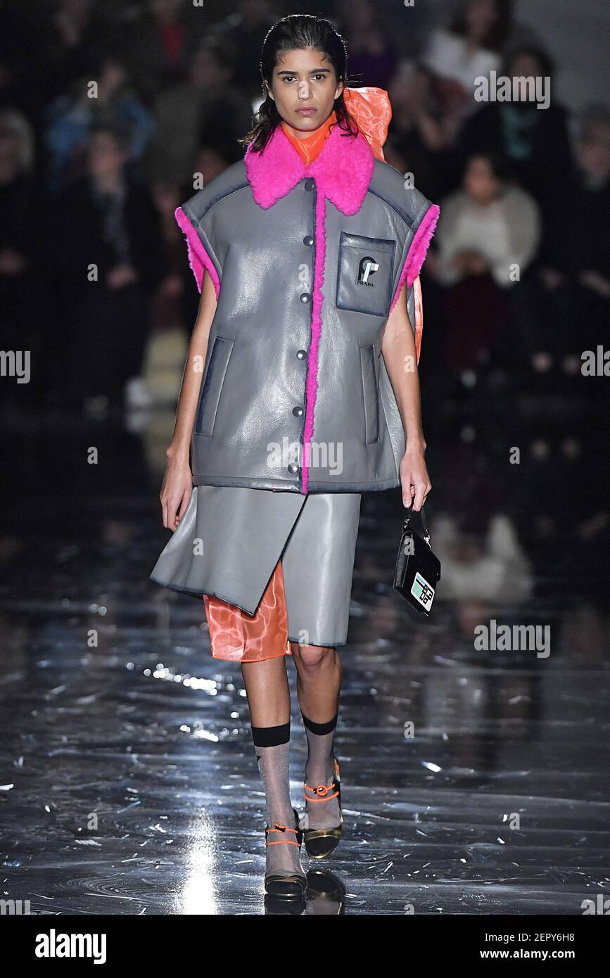 Model Mica Arganaraz walks on the runway during the Prada Fashion Show during Milan Womenswear Fall Winter 2018 2019 held in Milan Italy on February 22 2018. Photo by Jonas Gustavsson Sipa USA Stock