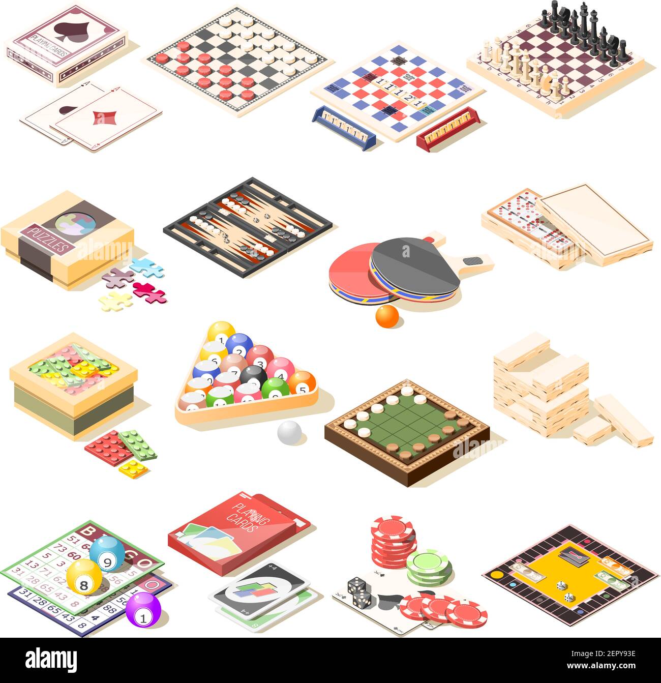 Board games isometric icons set of checkers chess playing cards roulette tennis bingo billiard puzzles vector illustration Stock Vector
