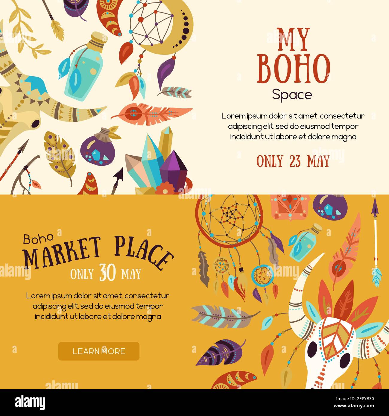 Boho souvenirs symbols attributes  decorative elements market place sale announcement 2 horizontal website banners isolated vector illustration Stock Vector