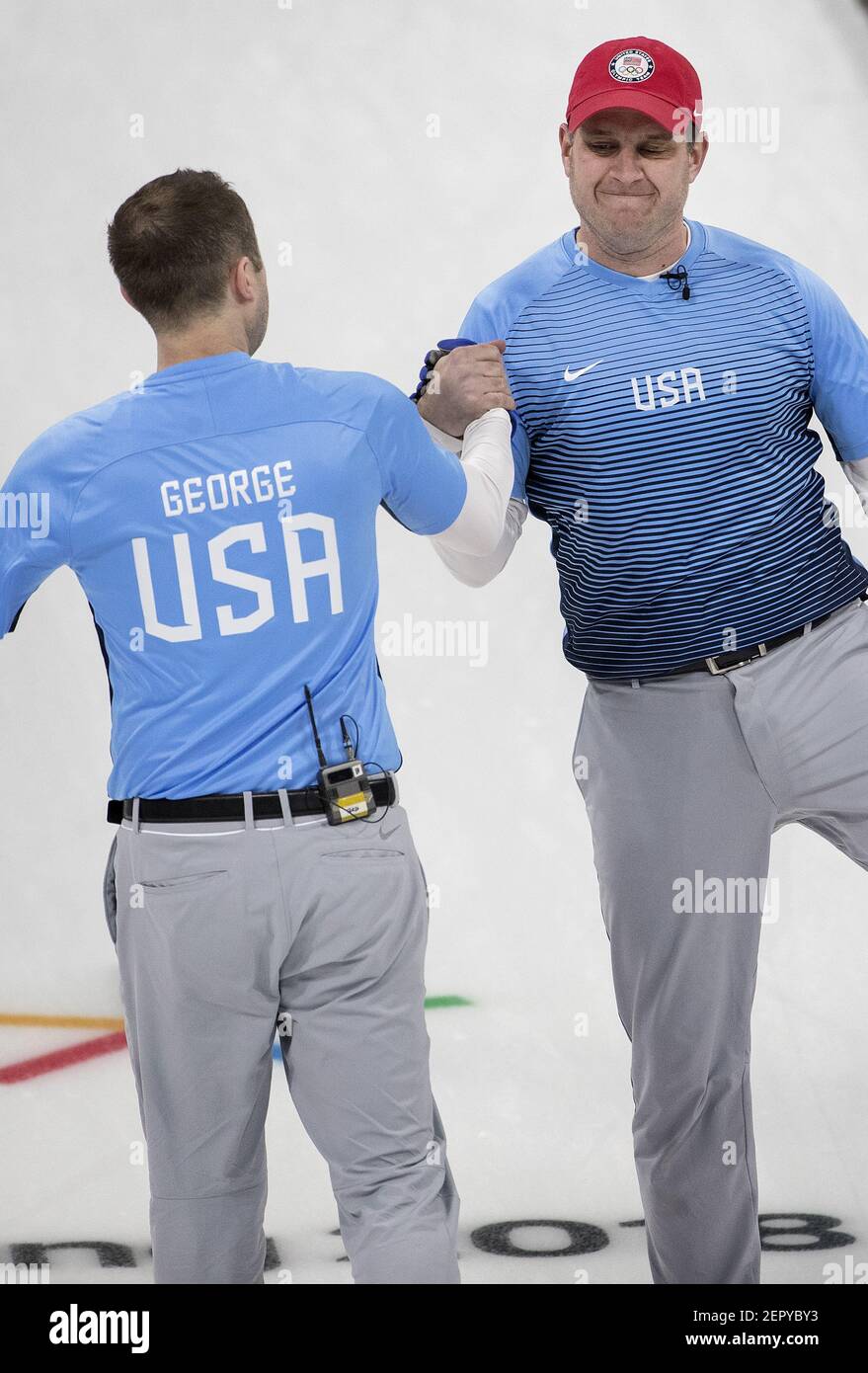 Team skip John Shuster, right, and Tyler George after Shuster threw the last stone and scoring 5 on the eighth end against Sweden during the gold-medal match on Saturday, Feb. 24, 2018, at the Pyeongchang Winter Olympics' Gangneung Curling Centre. The USA won, 10-7. (Photo by Carlos Gonzalez/Minneapolis Star Tribune/TNS/Sipa USA) Stock Photo