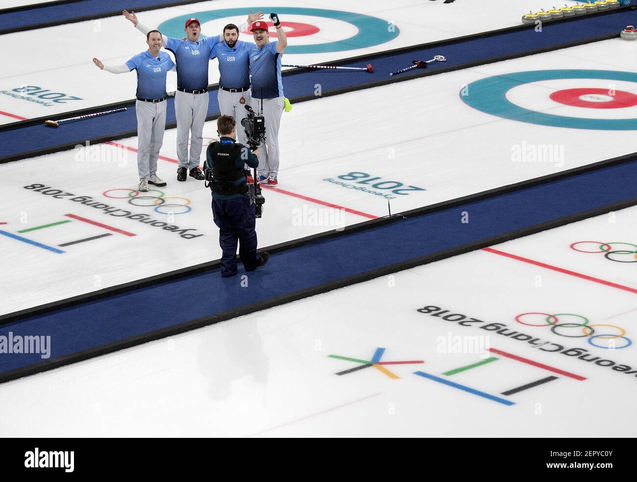 Team USA celebrates after a 10-7 win against Sweden during the gold-medal match on Saturday, Feb. 24, 2018, at the Pyeongchang Winter Olympics' Gangneung Curling Centre. (Photo by Carlos Gonzalez/Minneapolis Star Tribune/TNS/Sipa USA) Stock Photo