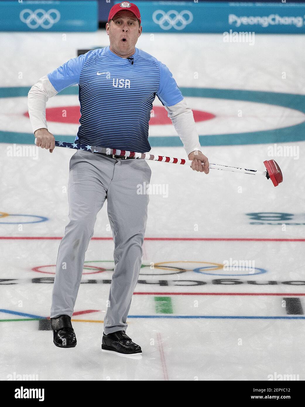 Team skip John Shuster reacts after throwing the last stone and scoring 5 on the eighth end against Sweden during the gold-medal match on Saturday, Feb. 24, 2018, at the Pyeongchang Winter Olympics' Gangneung Curling Centre. The USA won, 10-7. (Photo by Carlos Gonzalez/Minneapolis Star Tribune/TNS/Sipa USA) Stock Photo