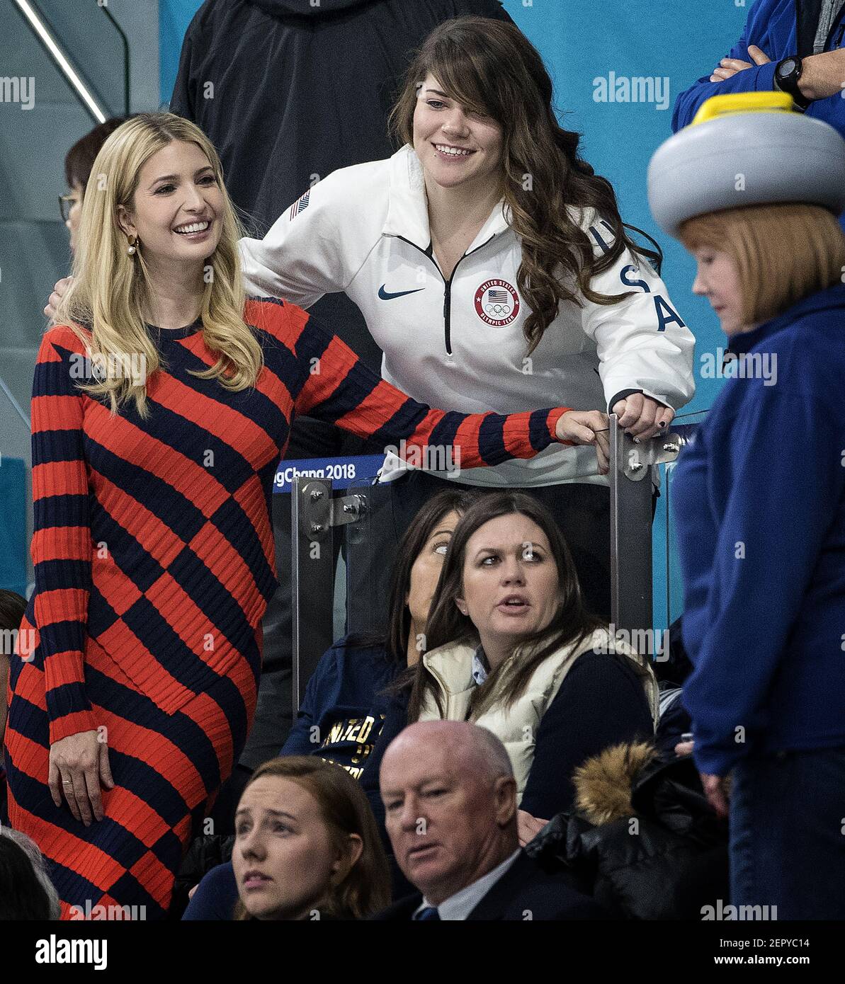 Ivanka Trump poses for a photo with USA curler Becca Hamilton at the Gangneung Curling Centre on Saturday, Feb. 24, 2018, at the Pyeongchang Winter Olympics. (Photo by Carlos Gonzalez/Minneapolis Star Tribune/TNS/Sipa USA) Stock Photo