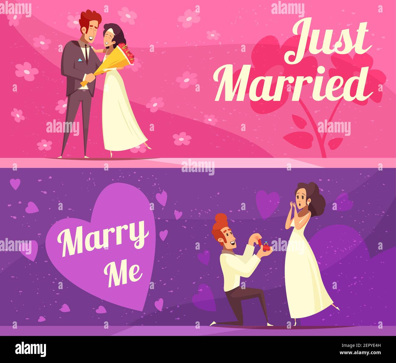 Newlyweds cartoon banners on pink and purple background, just married ...