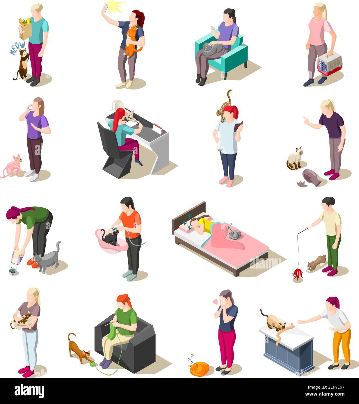Ordinary life of man and his cat set of isometric icons isolated vector illustration Stock Vector