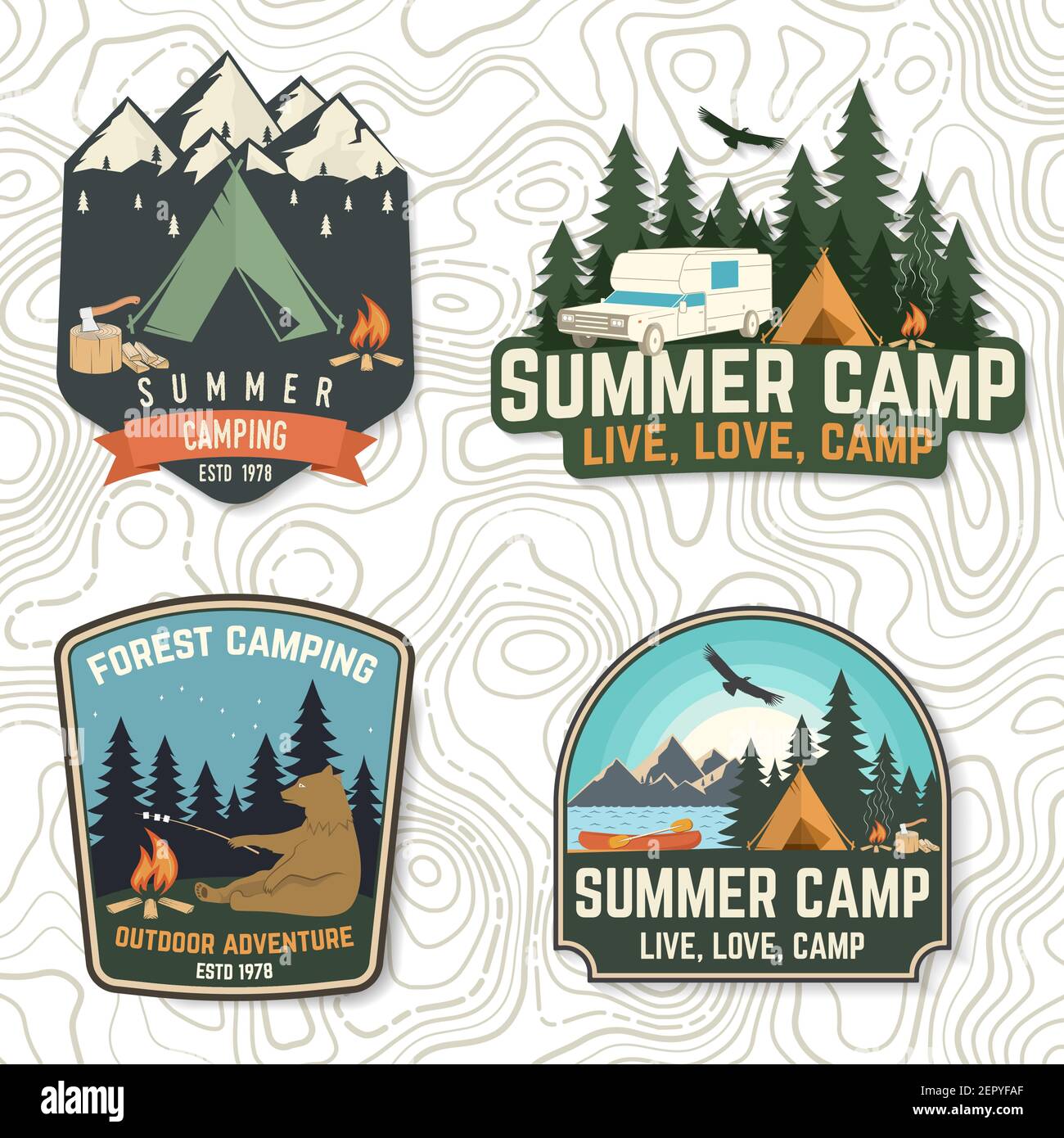 Set of Summer camp patches. Vector. Concept for shirt or logo, print, stamp, patch or tee. Vintage typography design with bear with marshmallow, cempfire, camping tent, forest, mountain silhouette Stock Vector