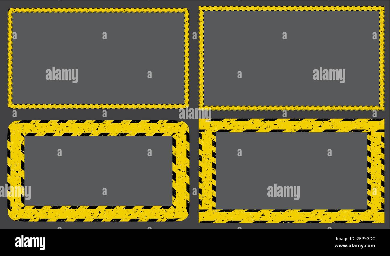 Construction tape yellow striped frame. Caution border line background set. Restricted zone sign template. Vector design. Stock Vector