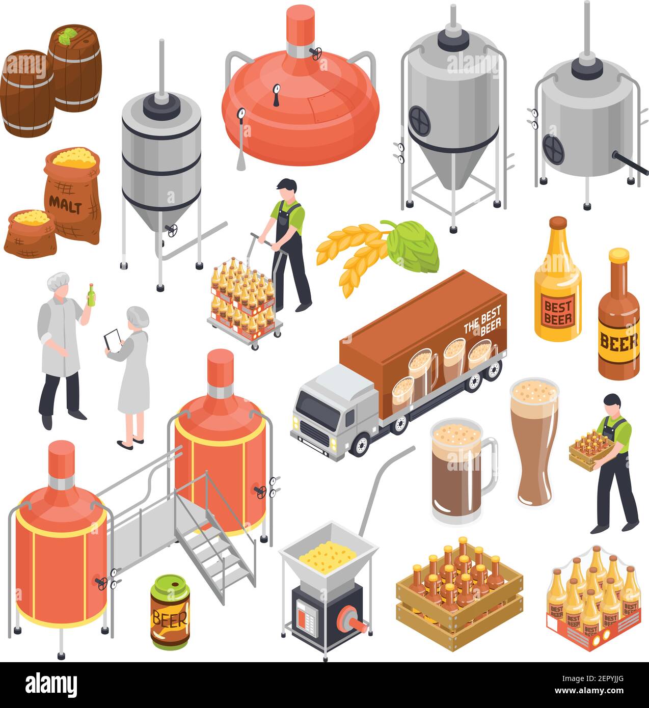 Brewery isometric elements set with barley grain hops malting boiling fermentation bottling aging transportation isolated vector illustration Stock Vector