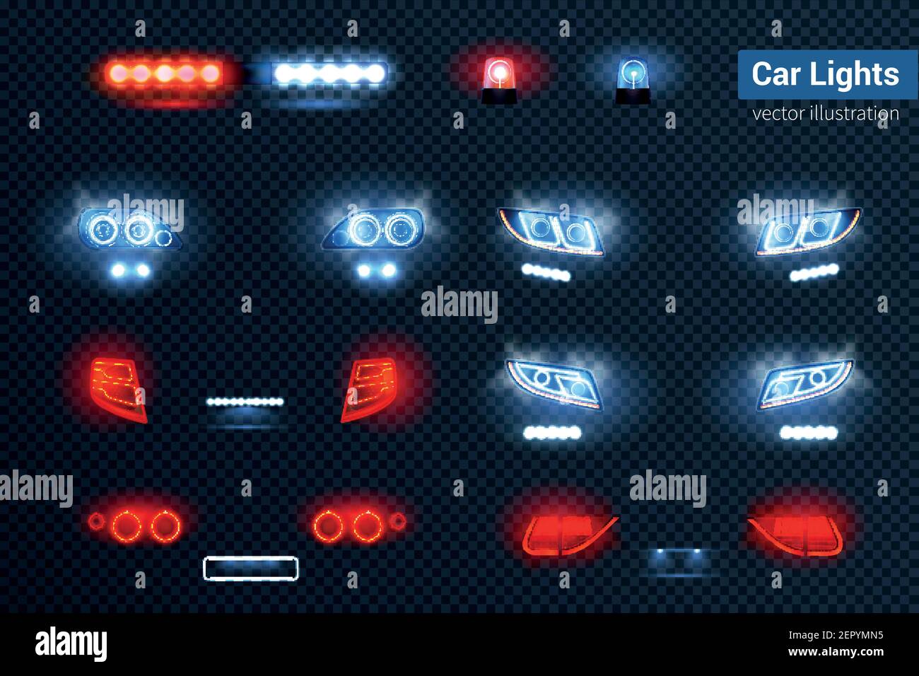 Automotive led lights realistic set with glowing headlights front rear