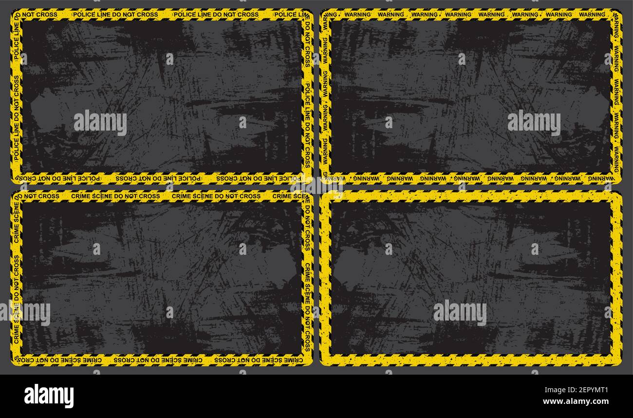 Warning tape border with grunge empty space for text. Black and yellow stripes on ribbon. Great for murder evidence  background frame. Stock Vector