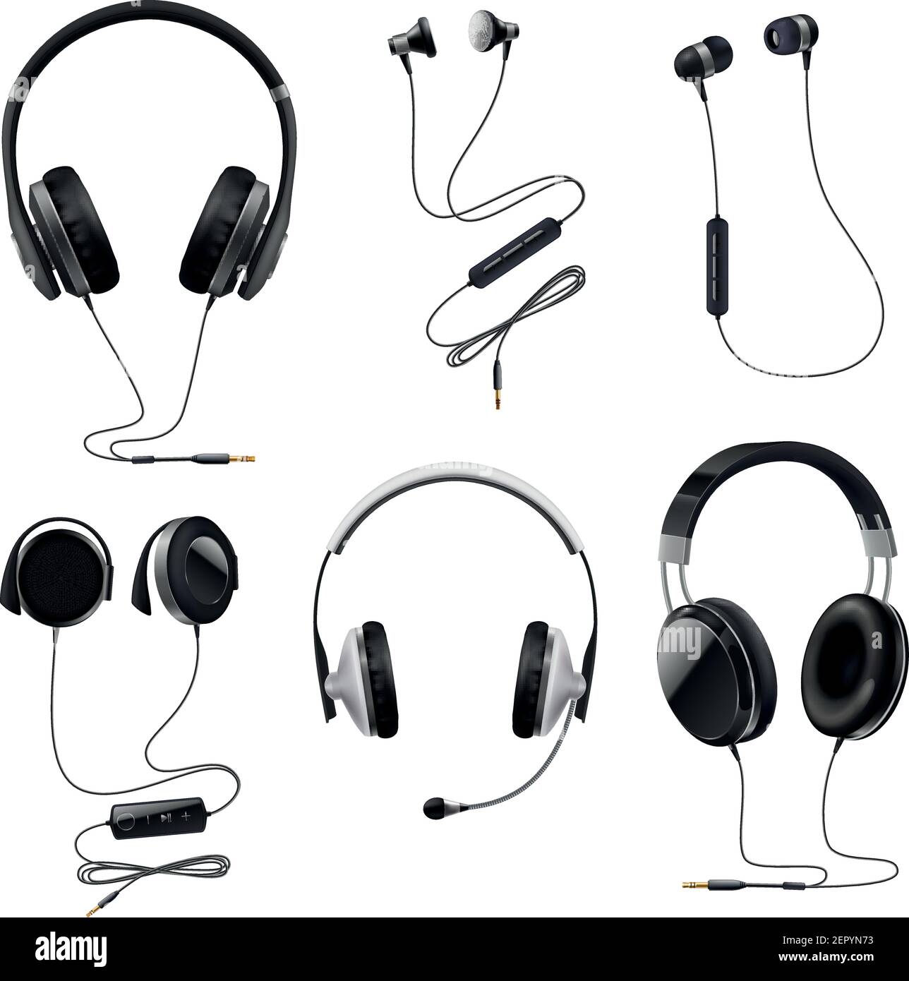 Headsets earphones realistic collection with earbuds on over and inear