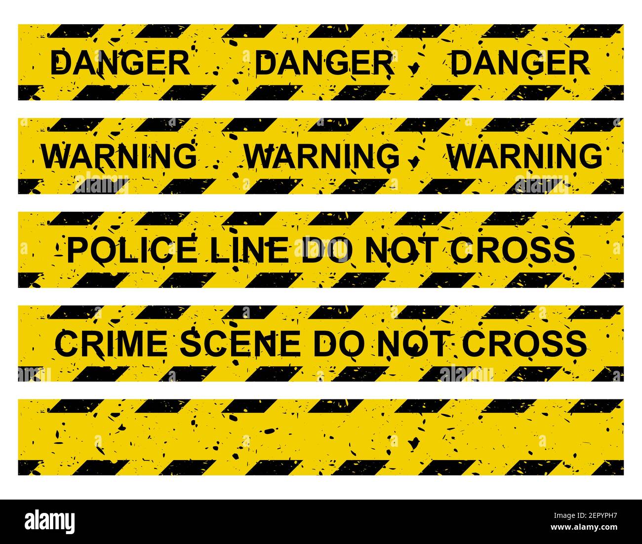 Caution tape set. Yellow warning ribbon collection with different texts:  do not cross police line, crime scene, danger, warning and blank. Vector cri Stock Vector