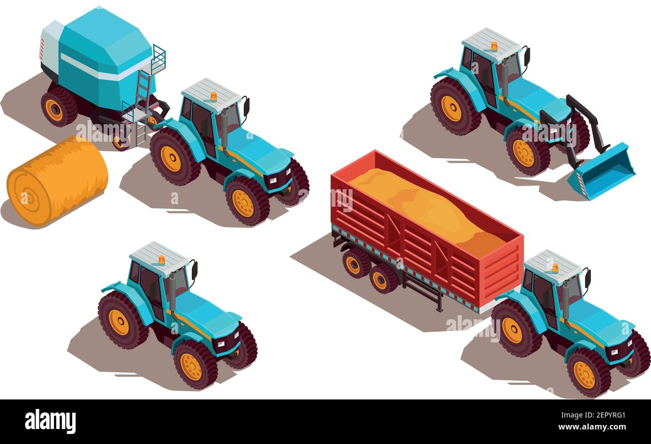 Agricultural machines isometric composition with tractor and grain ...