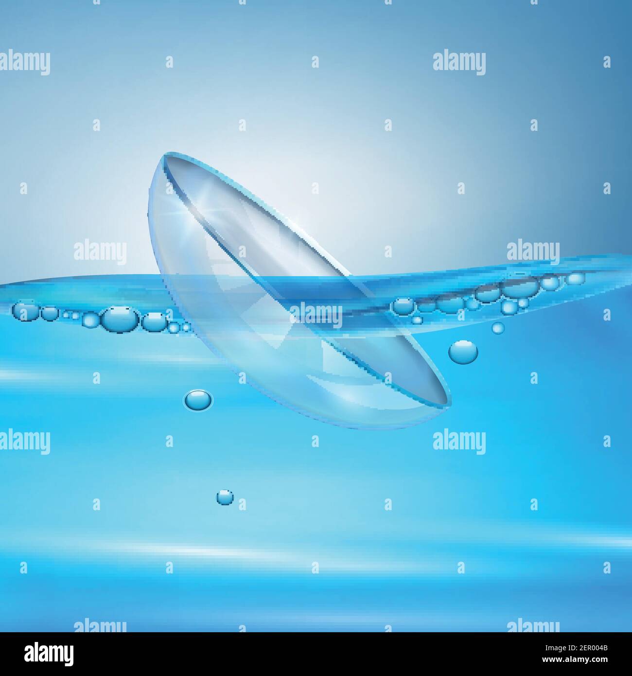 Realistic eye lenses in water with air bubbles, composition on blue
