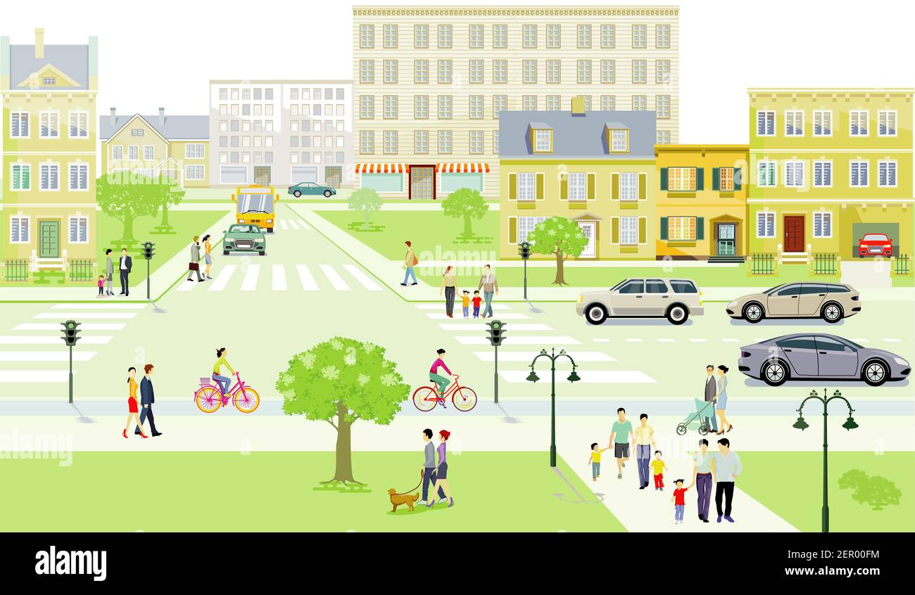 Road traffic with families and people on the sidewalk illustration Stock Vector