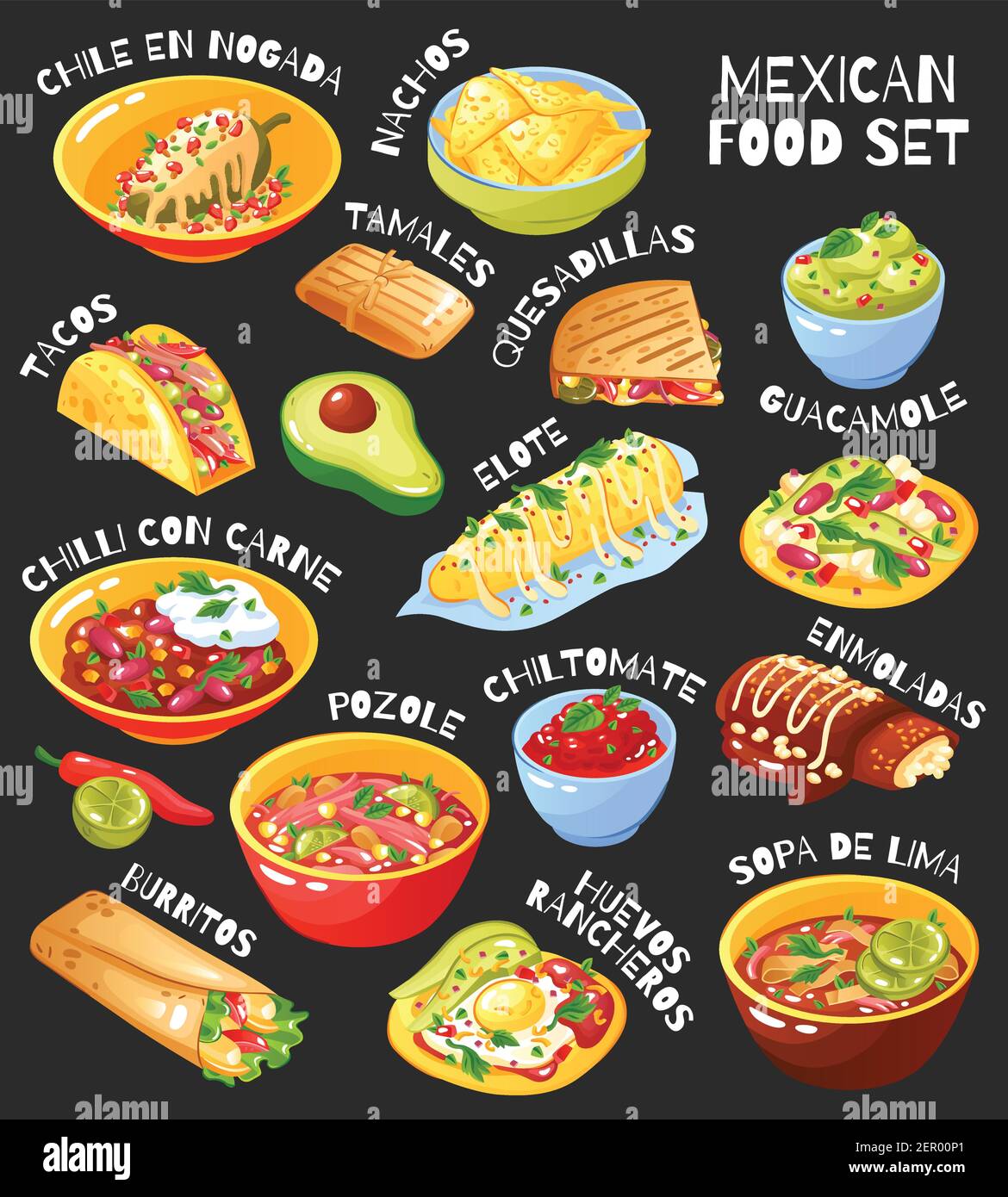 Traditional mexican food menu items set with tacos burritos chili con carne  guacamole chalkboard background vector illustration Stock Vector Image &  Art - Alamy