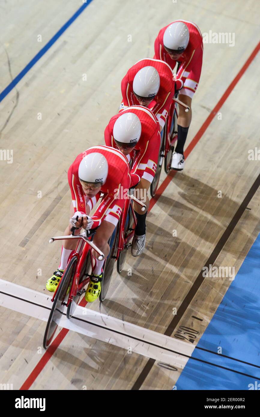 2018.03.01, Apeldoorn , UCI Track Cycling World Championships Apeldoorn  2018 , kolarstwo torowe , Mistrzostwa Swiata Apeldoorn 2018 nz Niklas Larsen,  Julius Johansen, Frederik Madsen, Casper von Folsach (DEN) - Men`s team