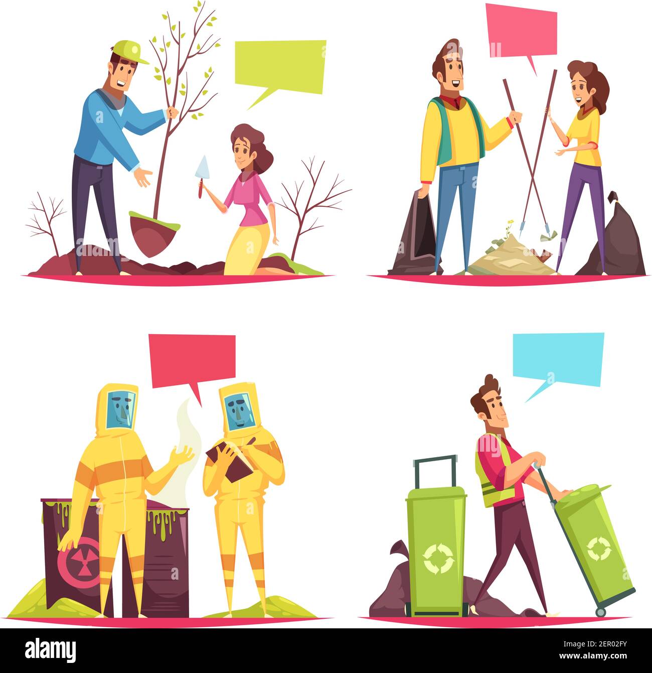 Eco volunteering cartoon design concept planting of trees, garbage ...