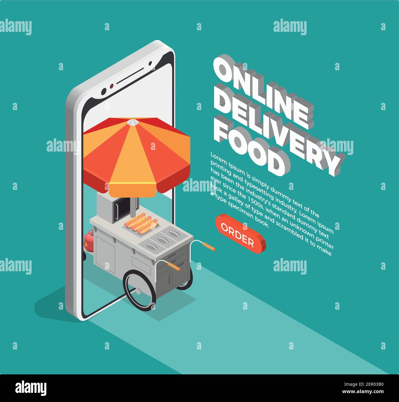 Street food delivery concept with online fast food order symbols