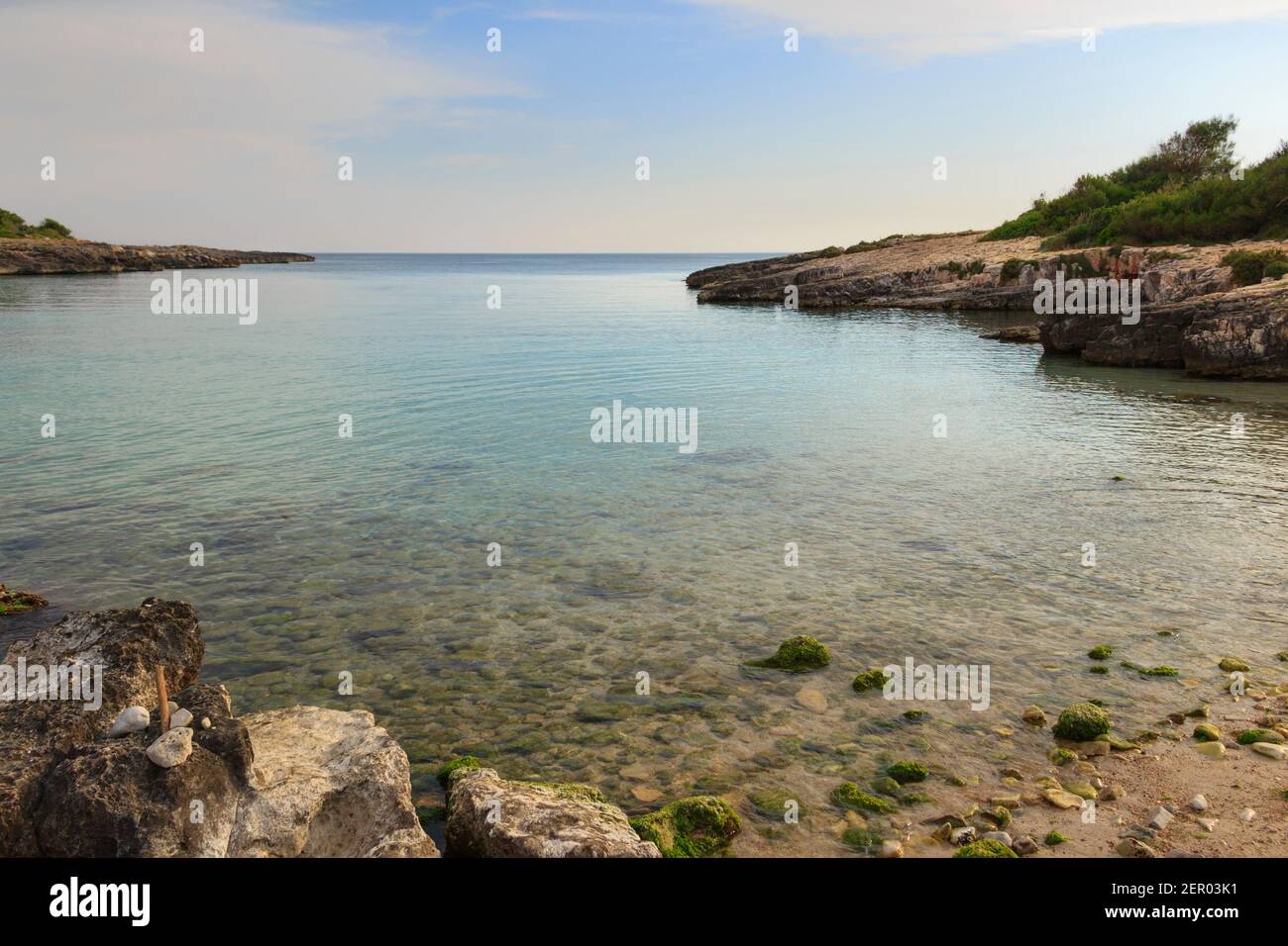 View of the Regional Natural Park Porto Selvaggio and Palude del Capitano in Puglia (Italy)  with rocky coast and Mediterranean scrub. Stock Photo