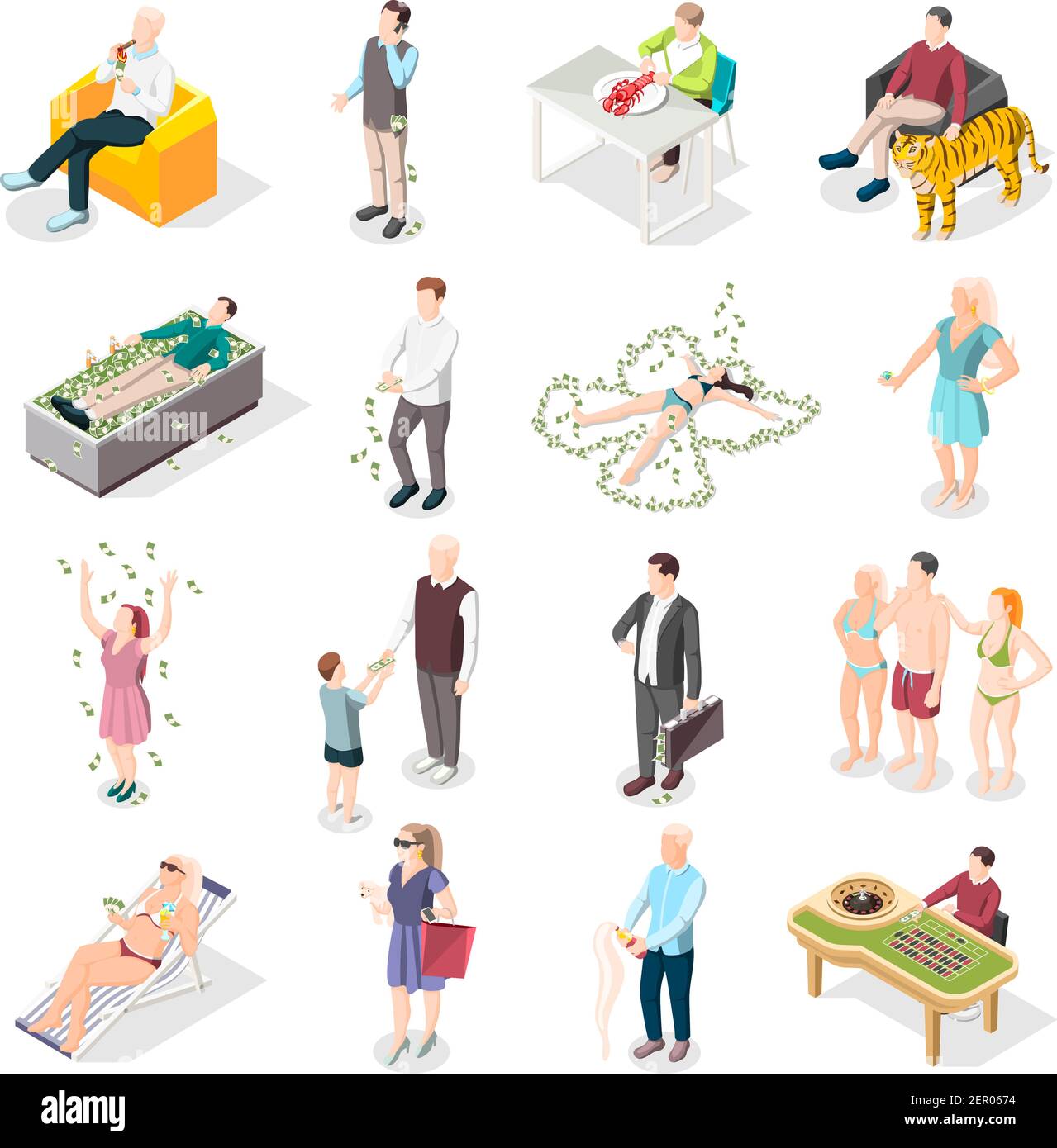 Rich people and rich life isometric icons set of wealthy persons relaxing on south beach eating delicious in restaurant gambling in casino isolated ve Stock Vector