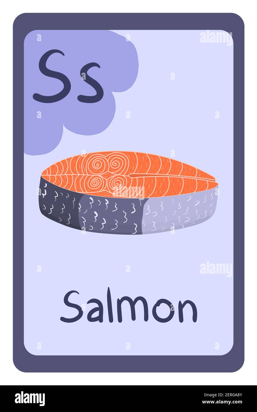 Colorful abc education flash card, Letter S - salmon fish. Alphabet vector illustration with food, fruits and vegetables. School, study, learning concept. Stock Vector