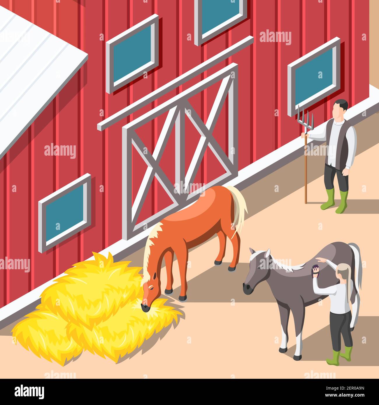 Horse breeding Isometric background with staff caring for horses and ...