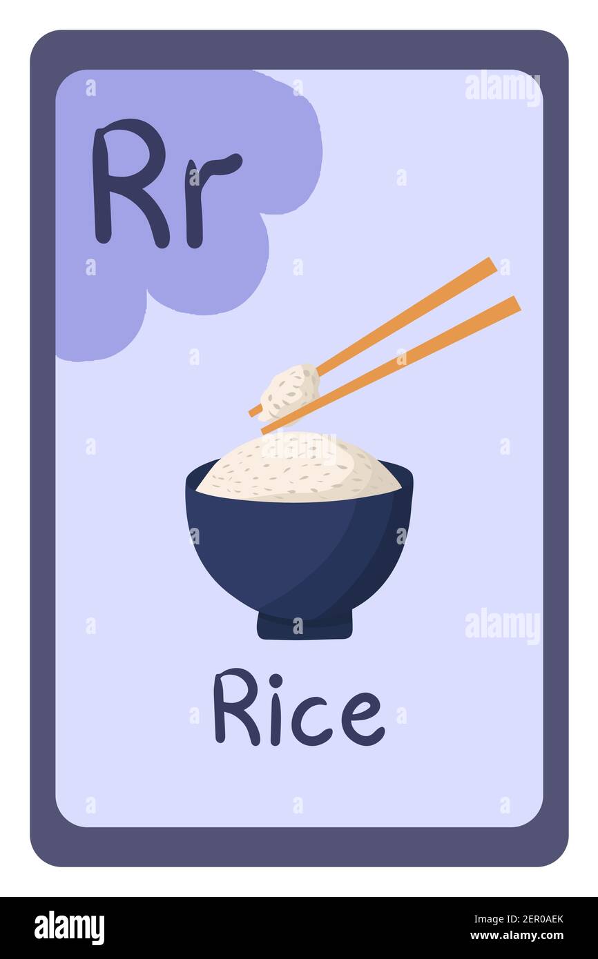 Colorful abc education flash card, Letter R rice in plate with sticks