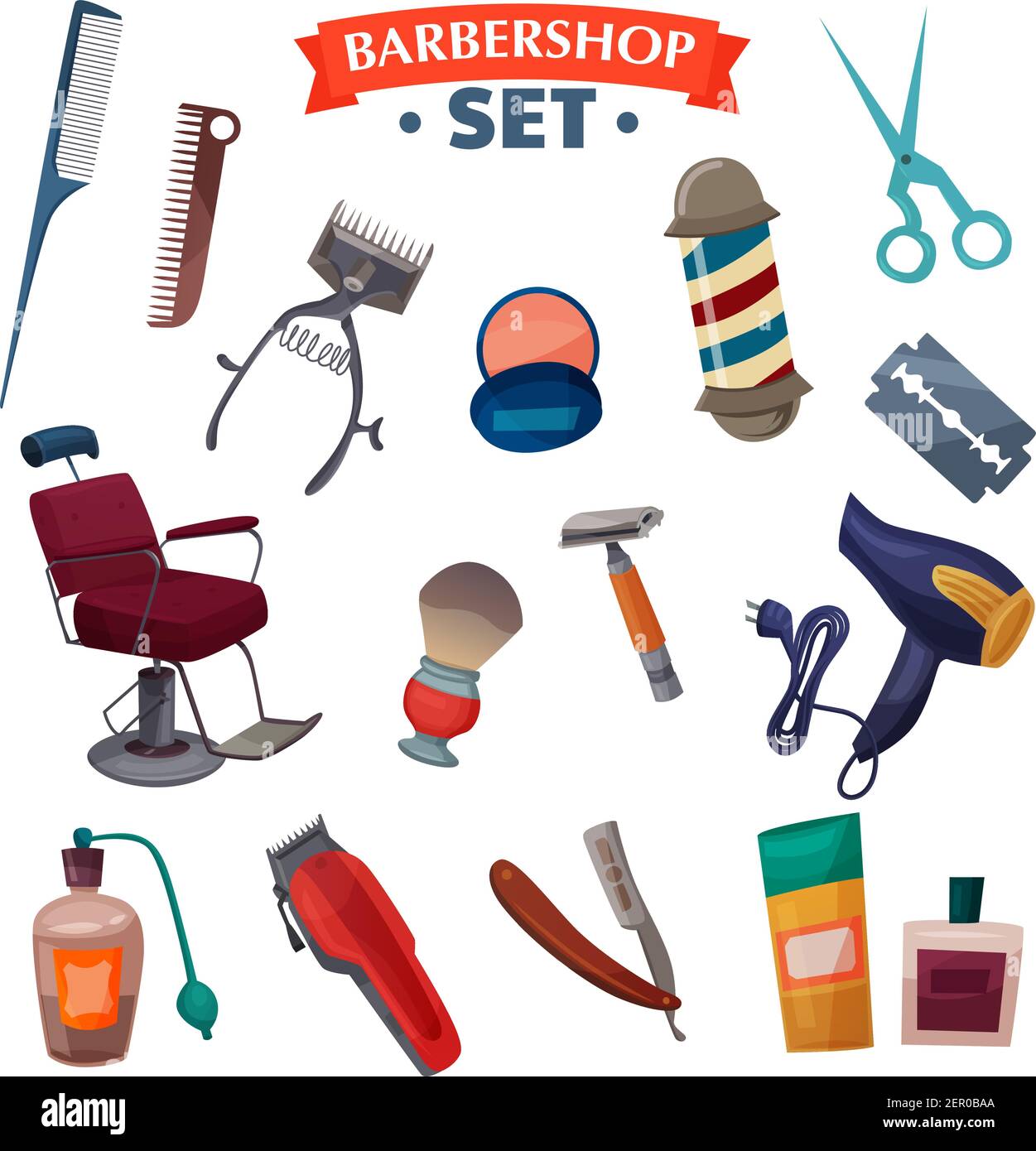 Barber shop cartoon set with chair, professional accessories for shaving  and hair cut, perfume isolated vector illustration Stock Vector Image & Art  - Alamy