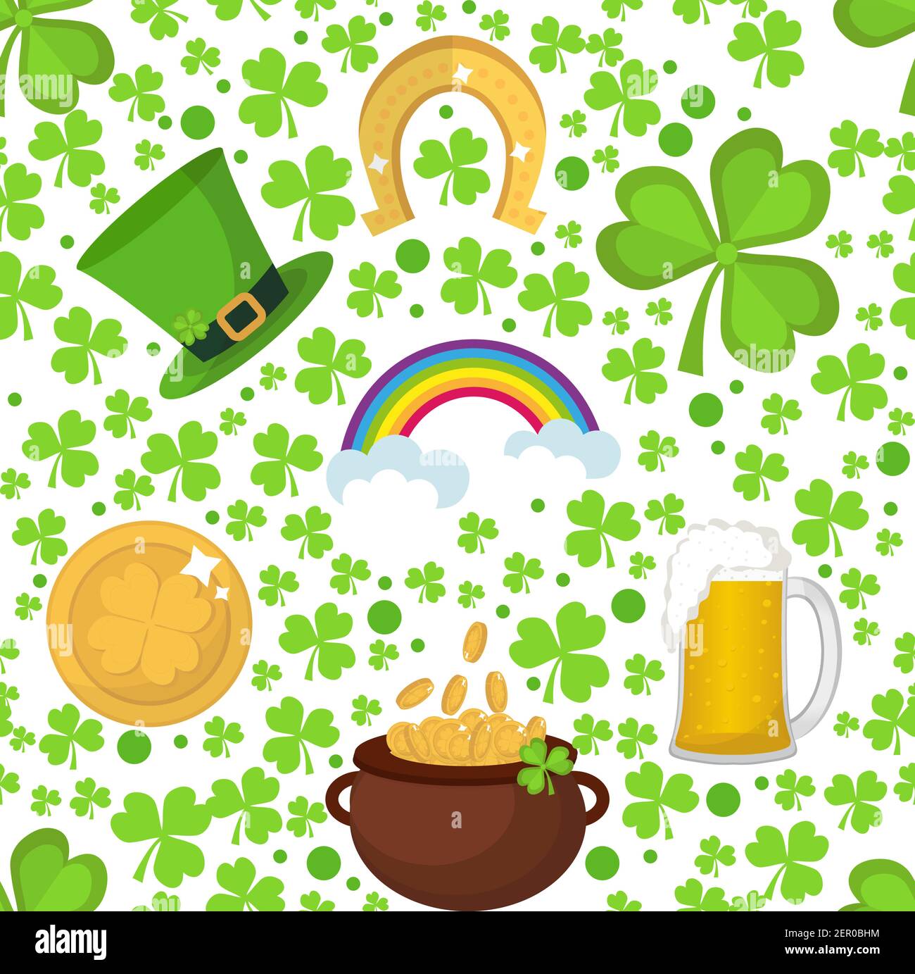 St. Patricks Day seamless prattern background with clover, shamrock and leprechaun hat. Vector illustration. Stock Vector