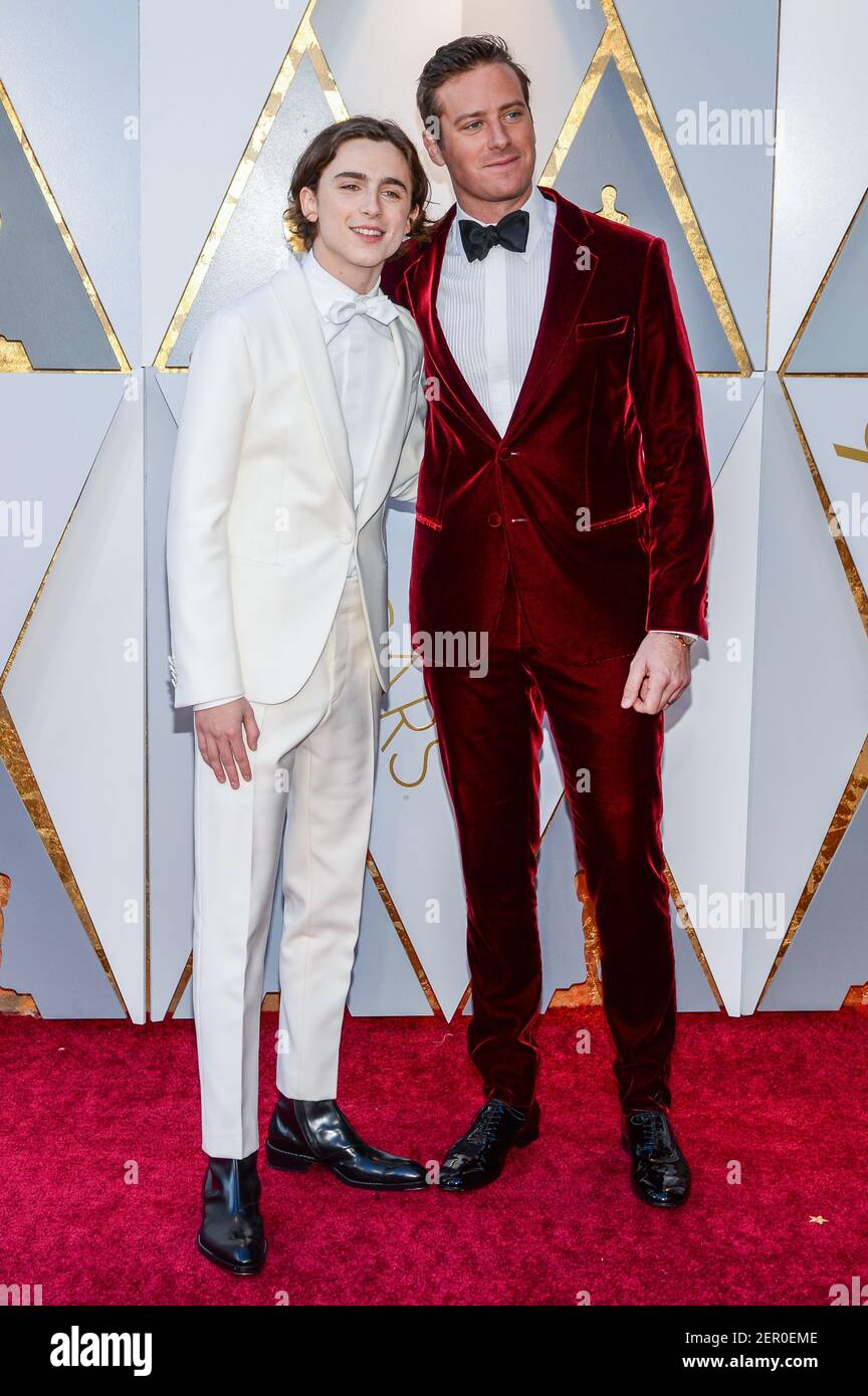 Timothée Chalamet and Armie Hammer walking on the red carpet during the  90th Academy Awards ceremony, presented by the Academy of Motion Picture  Arts and Sciences, held at the Dolby Theatre in
