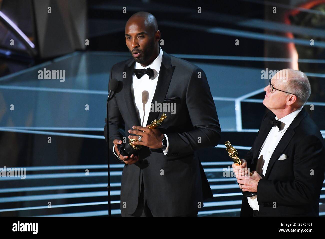 March 4, 2018; Hollywood, CA, USA; Glen Keane and Kobe Bryant accept the Oscar for best animated short film for 'Dear Basketball' at Dolby Theatre. Mandatory Credit: Robert Deutsch-USA TODAY NETWORK/Sipa USA Stock Photo