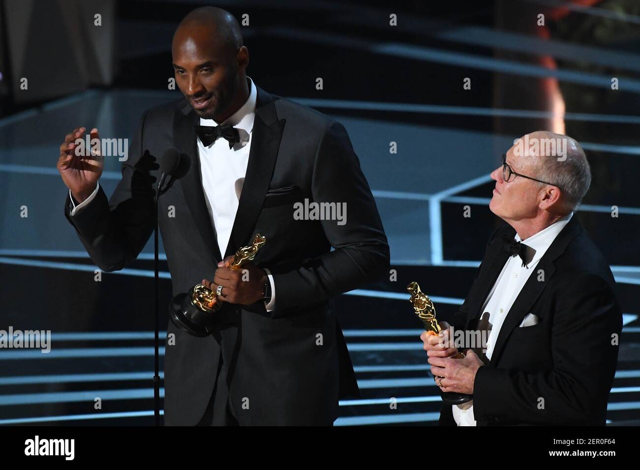 March 4, 2018; Hollywood, CA, USA; Glen Keane and Kobe Bryant accept the Oscar for best animated short film for 'Dear Basketball' at Dolby Theatre. Mandatory Credit: Robert Deutsch-USA TODAY NETWORK/Sipa USA Stock Photo