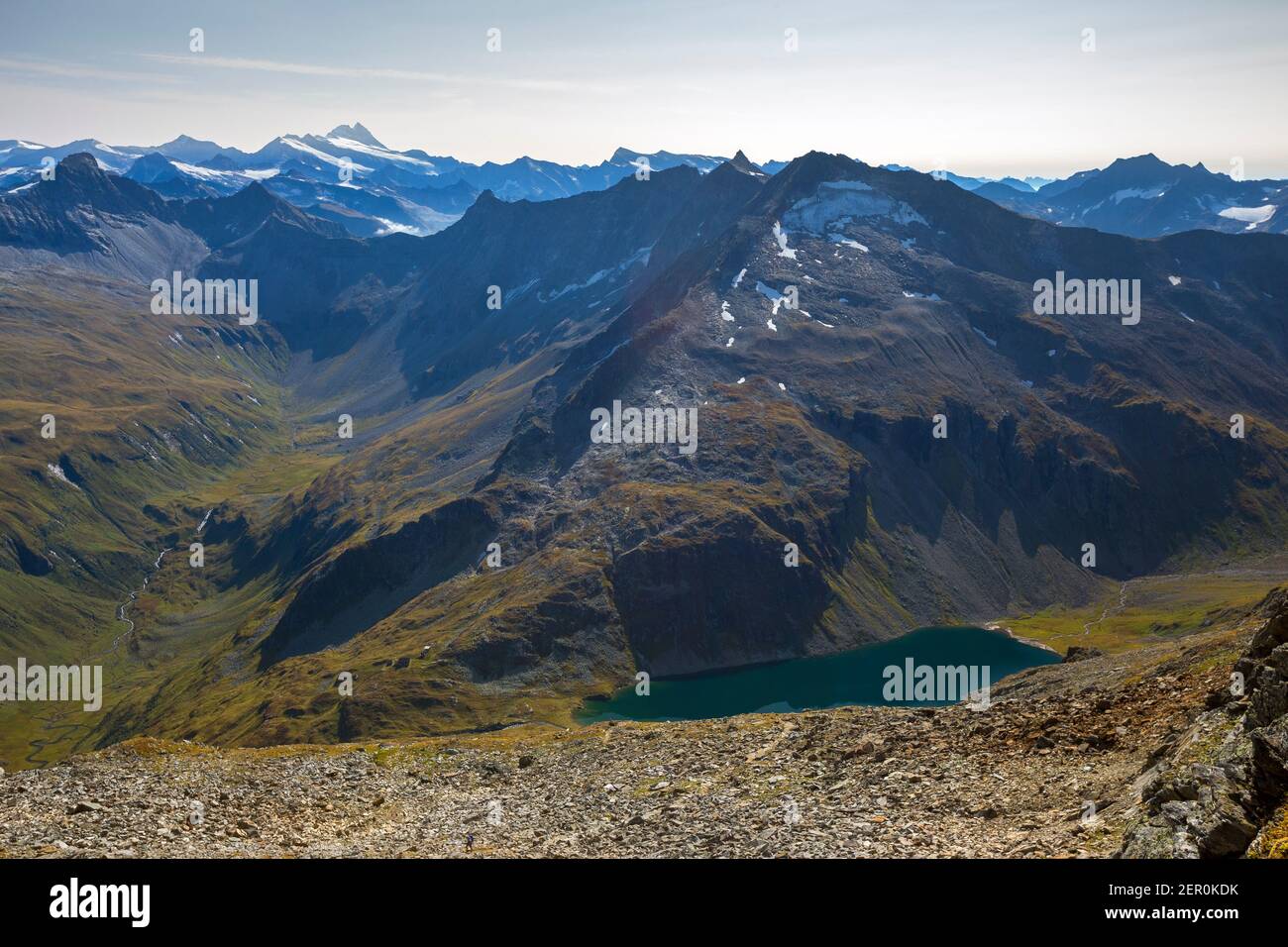 Hollersbach valley. Kratzenbergsee alpine lake. View from Larmkogelscharte. Venediger mountain group. Austrian Alps. Europe. Stock Photo