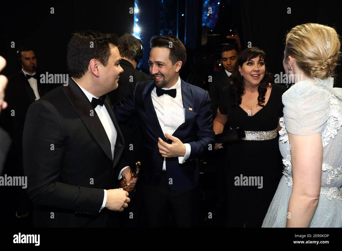 March 4, 2018; Hollywood, CA, USA; (L-R) Robert Lopez, Lin-Maneul Miranda, Kristen Anderson-Lopez and Emily Blunt backstage during the 90th Academy Awards at Dolby Theatre. Mandatory Credit: Handout Photo by A.M.P.A.S. via USA TODAY NETWORK/Sipa USA Stock Photo