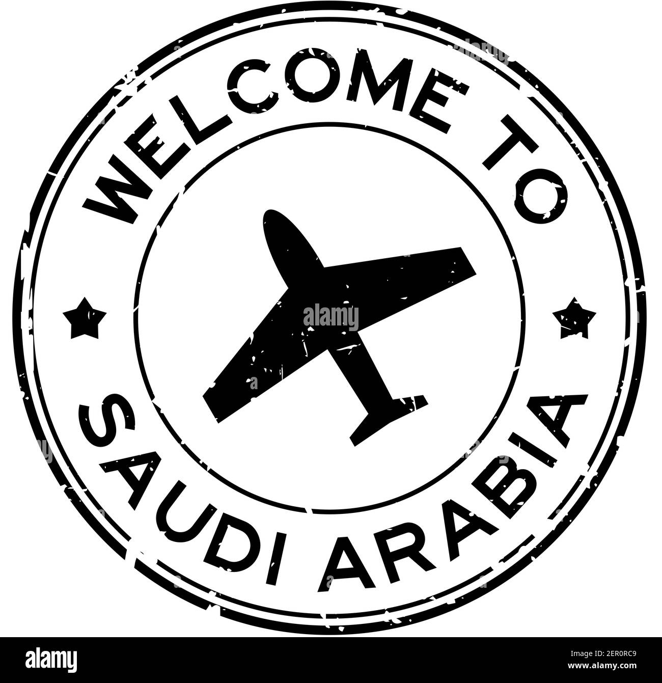 Grunge black welcome to Saudi Arabia word with airplane icon round rubber seal stamp on white background Stock Vector