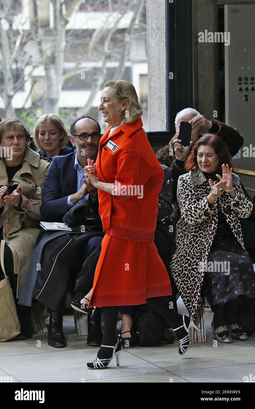 Designer Miuccia Prada walks on the runway during the Miu Miu Fashion Show  during Paris Fashion Week Womenswear Fall Winter 2018-2019 held in Paris,  France on March 6, 2018. (Photo by Jonas