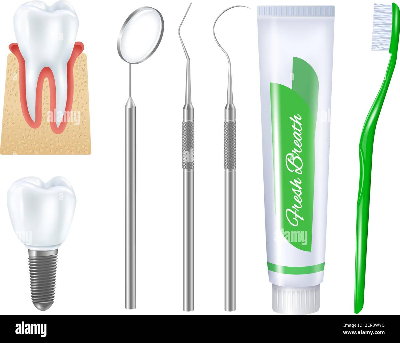 Realistic dental set of toothbrush toothpaste tube denture on implant ...