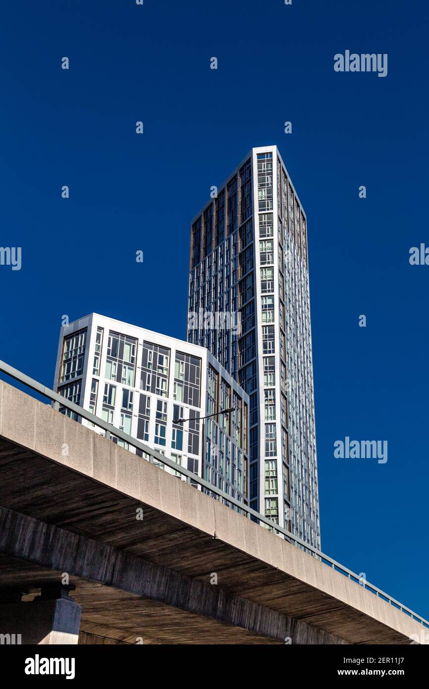 High-rise tower blocks Sky View Tower and overpass at Bow Roundabout, Tower Hamlts, London, UK Stock Photo