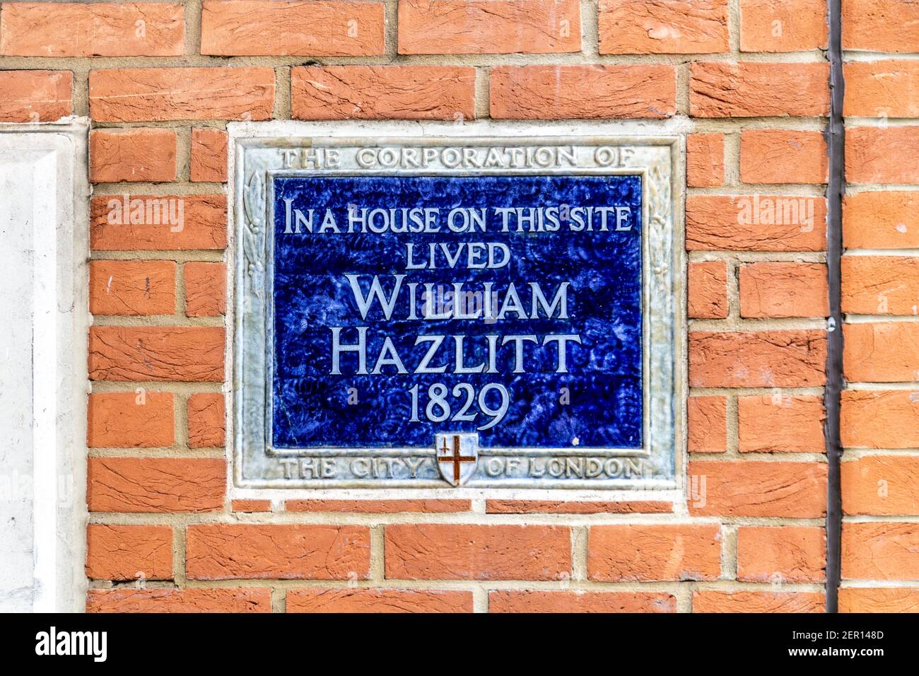 Corporation of London Heritage Blue Plaque on the site where William Hazlitt lived, Bouverie Street, London, UK Stock Photo
