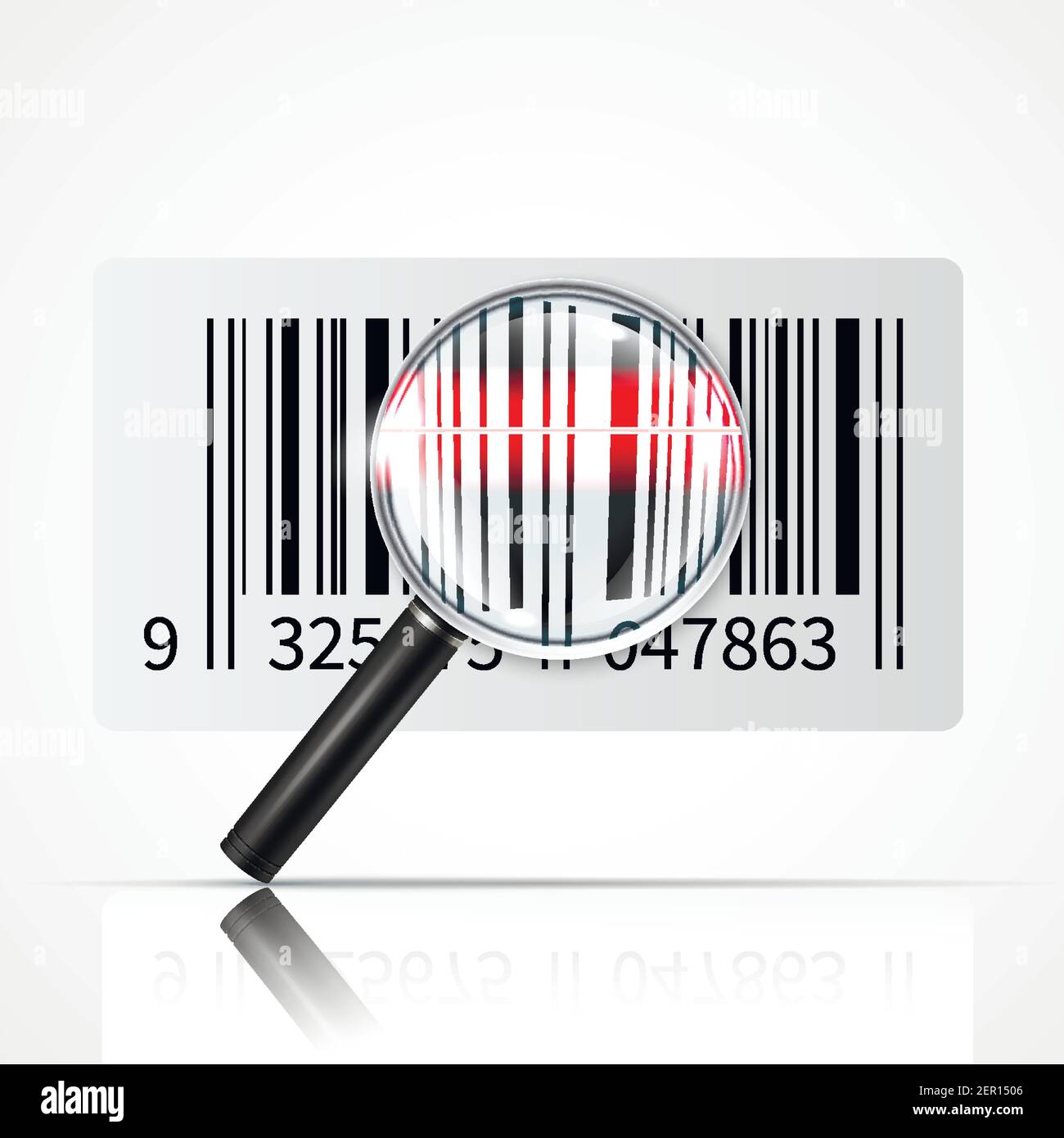 Linear bar code and magnifier for reading information with reflection on white background realistic vector illustration Stock Vector