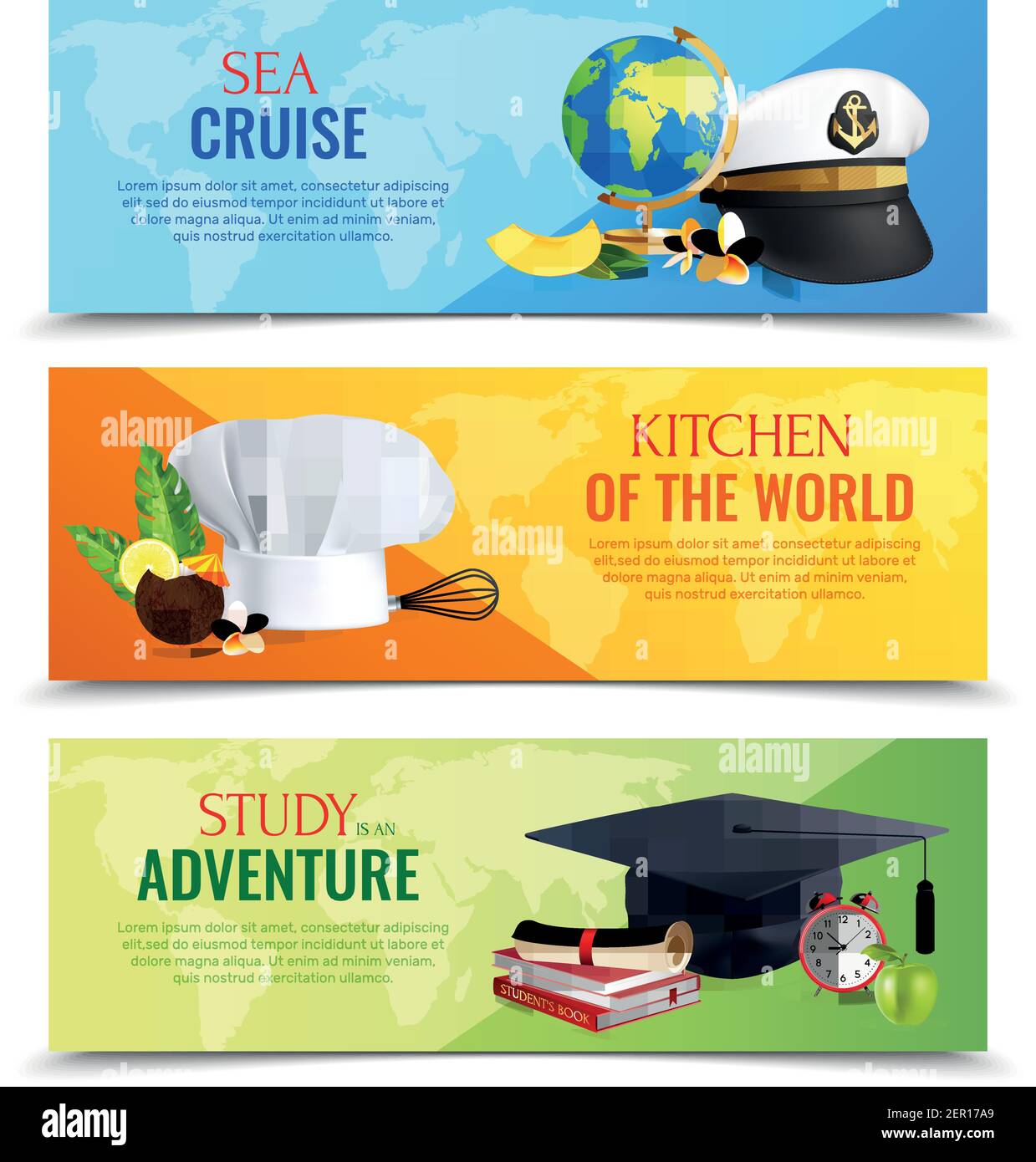 Different professions horizontal banners with realistic hats of captain