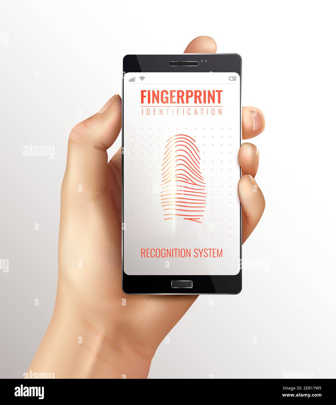 Hand holding smart phone with finger print identification recognition system on screen realistic