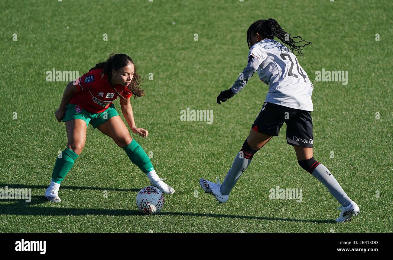 Coventry United's Ashlee Brown (left) and Charlton Athletic's Elisha Sulola in action during the FA Women's Championship match at Butts Park Arena, Coventry. Picture date: Sunday February 28, 2021. Stock Photo