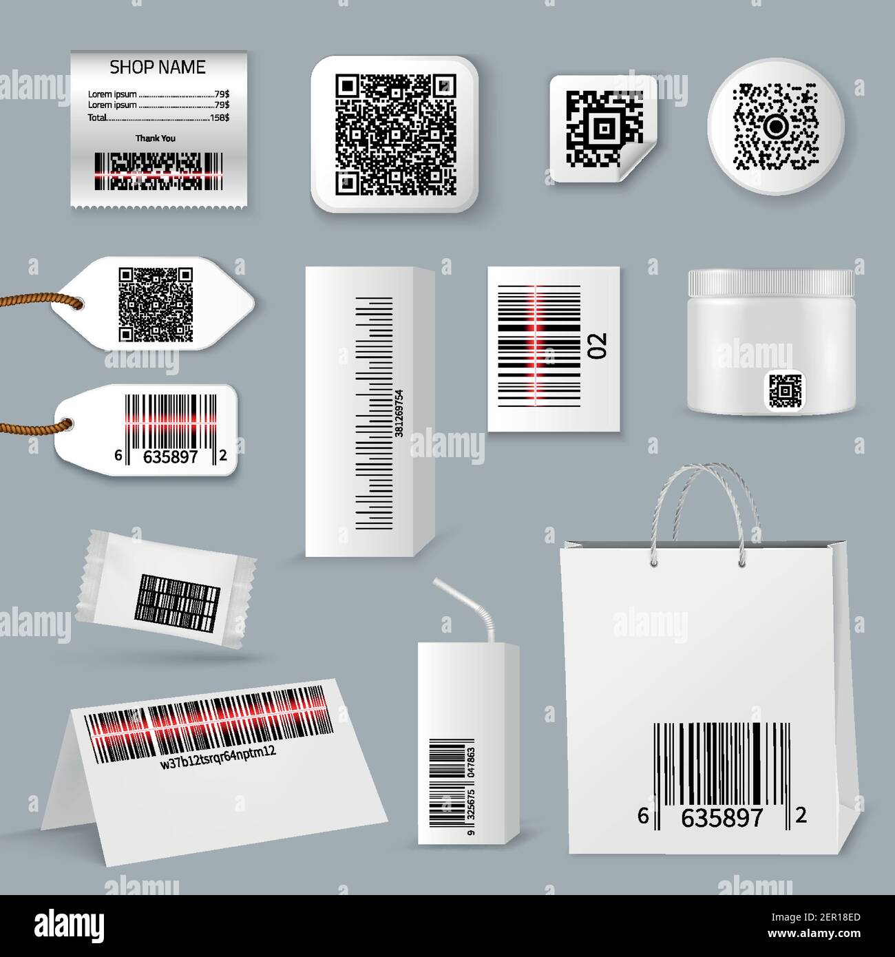 Isolated realistic qr bar code using scanning icon set different types sizes and their application vector illustration Stock Vector