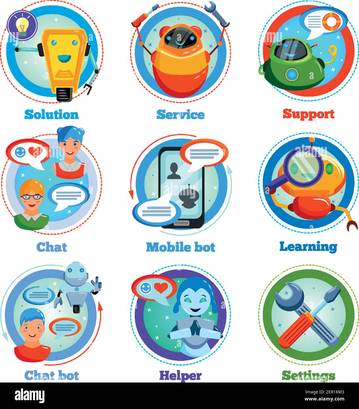 Chat bot flat icons with automatic program for support service ...