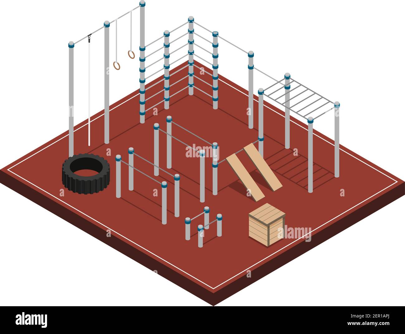 Sports ground with metal wooden and rubber workout equipment on brown covering isometric vector illustration Stock Vector